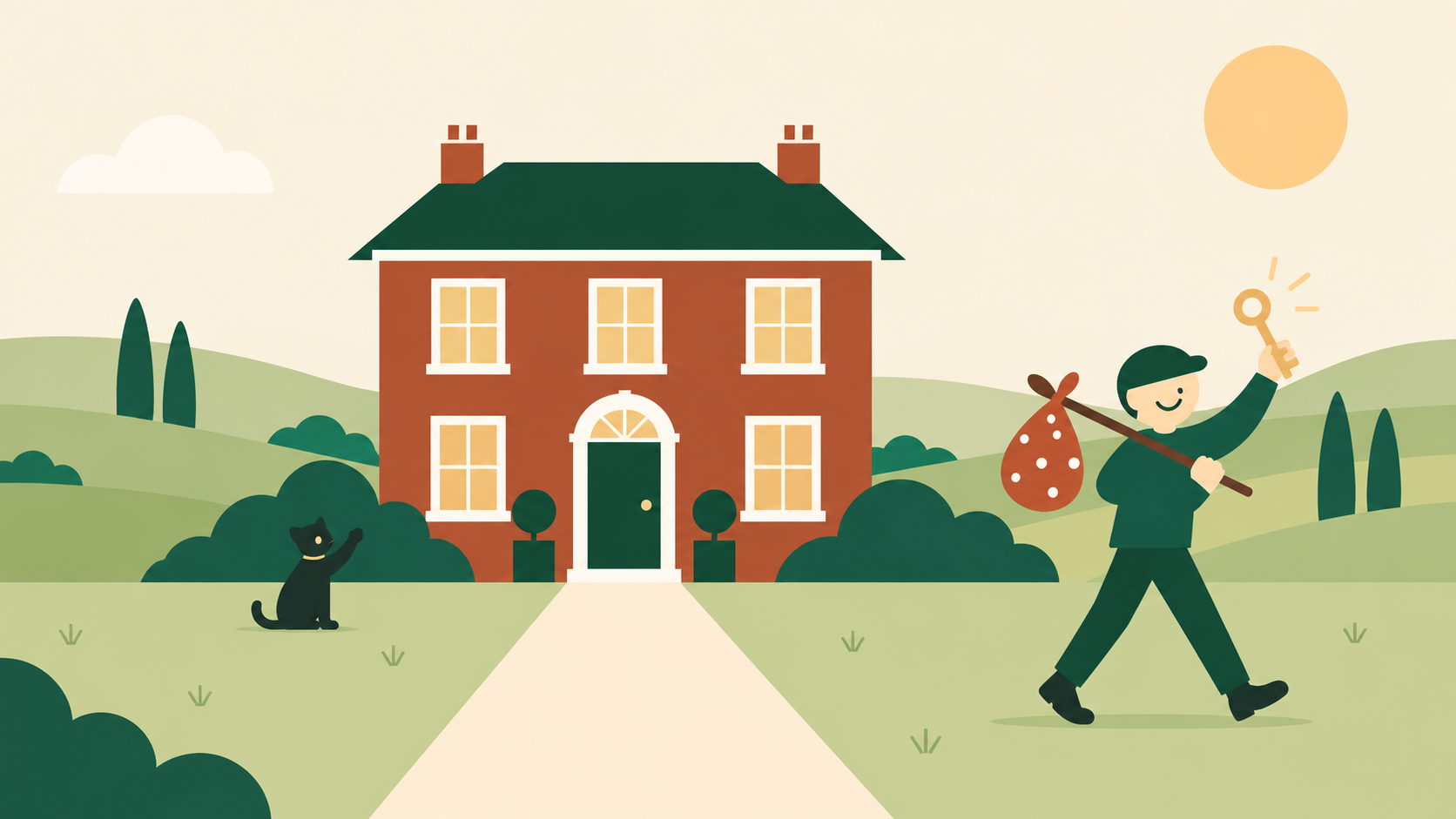 The smiling homeowner walks away from the house along the front path, waving a brass key with a small packed bag over their shoulder, while their pet waves goodbye from the garden under a sunny sky