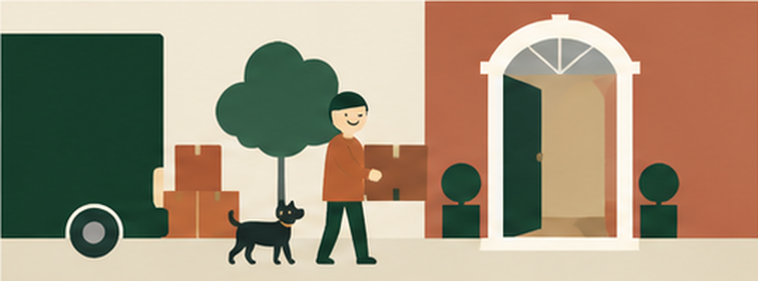 The homeowner carries a box from a green van towards the open front door, with their pet alongside